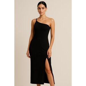 Black One Shoulder Ribbed‎ Midi Dress Slit Casual Party Cocktail Size Medium